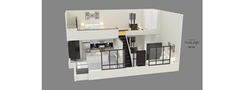 A 3D rendering of a Treasury Legs unit with a staircase.