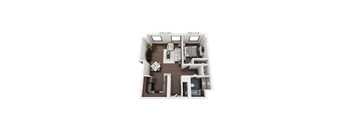 A 3D floor plan of a house with a living room, kitchen, and two bedrooms.