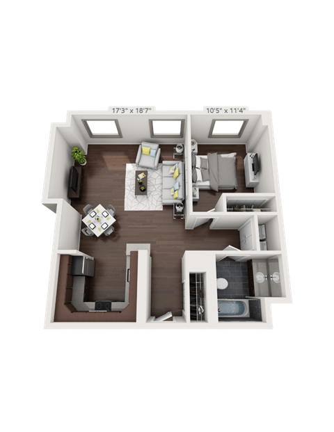 A 3D floor plan of a house with a living room, kitchen, and two bedrooms.