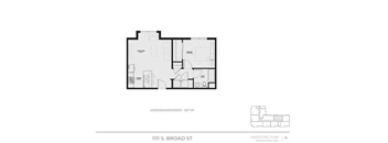 A black and white floor plan of a one bedroom apartment.