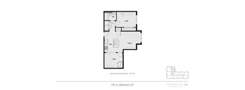 A black and white floor plan for a two bedroom unit at 1111 S. Broad St.