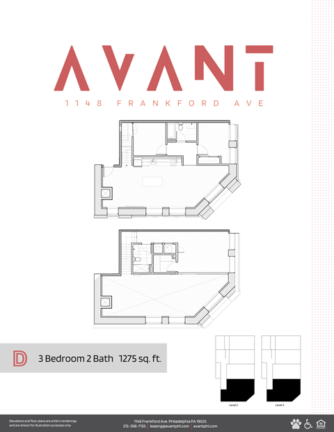 A floor plan for an apartment at 1148 Frankford Ave, showing a 3 bedroom, 2 bathroom layout.