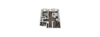 A 3D floor plan of a small apartment with a kitchen, living room, and two bedrooms.