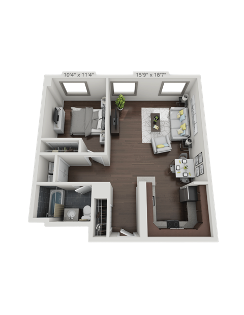 A 3D floor plan of a small apartment with a kitchen, living room, and two bedrooms.