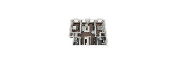 A 3D floor plan of a house with a kitchen, living room, and two bedrooms.