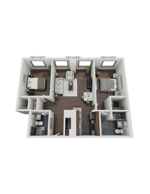 A 3D floor plan of a house with a kitchen, living room, and two bedrooms.