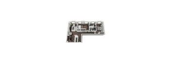 A 3D floor plan of a house with labeled rooms.