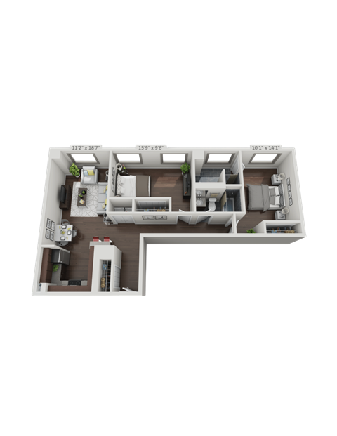 A 3D floor plan of a house with labeled rooms.