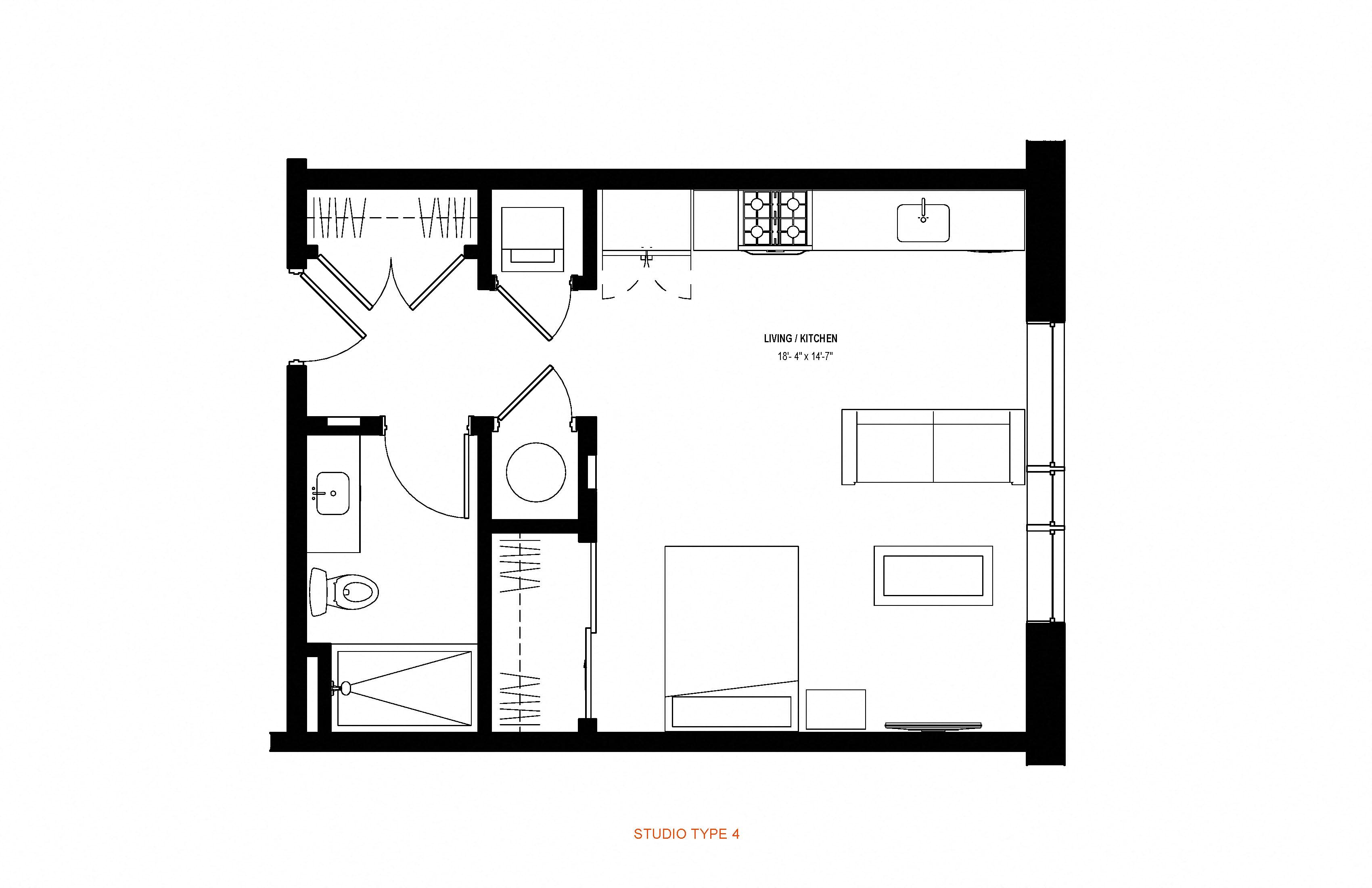 Studio 1 bath floor plan B at Glassworks, Pennsylvania