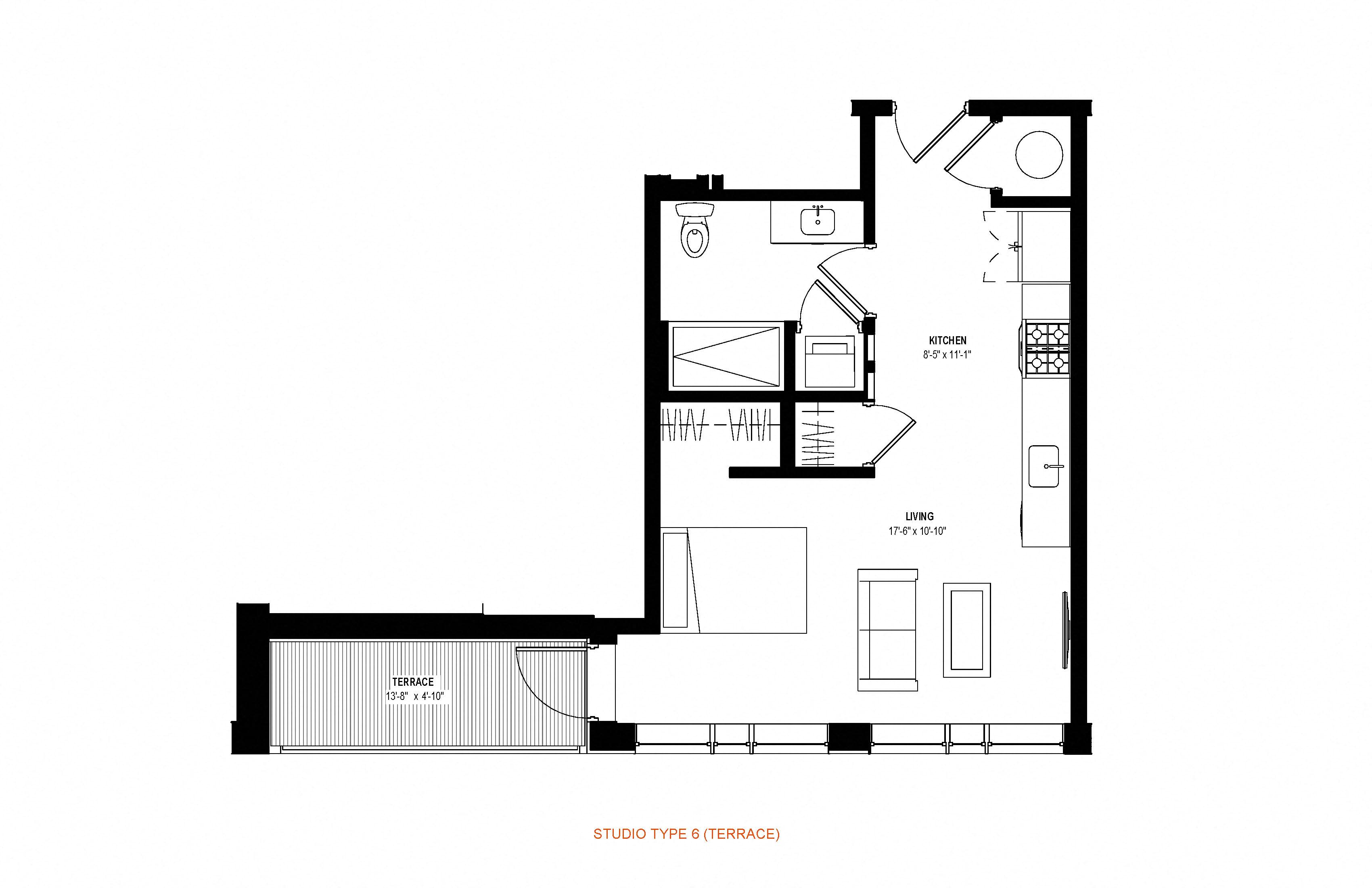 Studio 1 bath floor plan C at Glassworks, Philadelphia, 19122