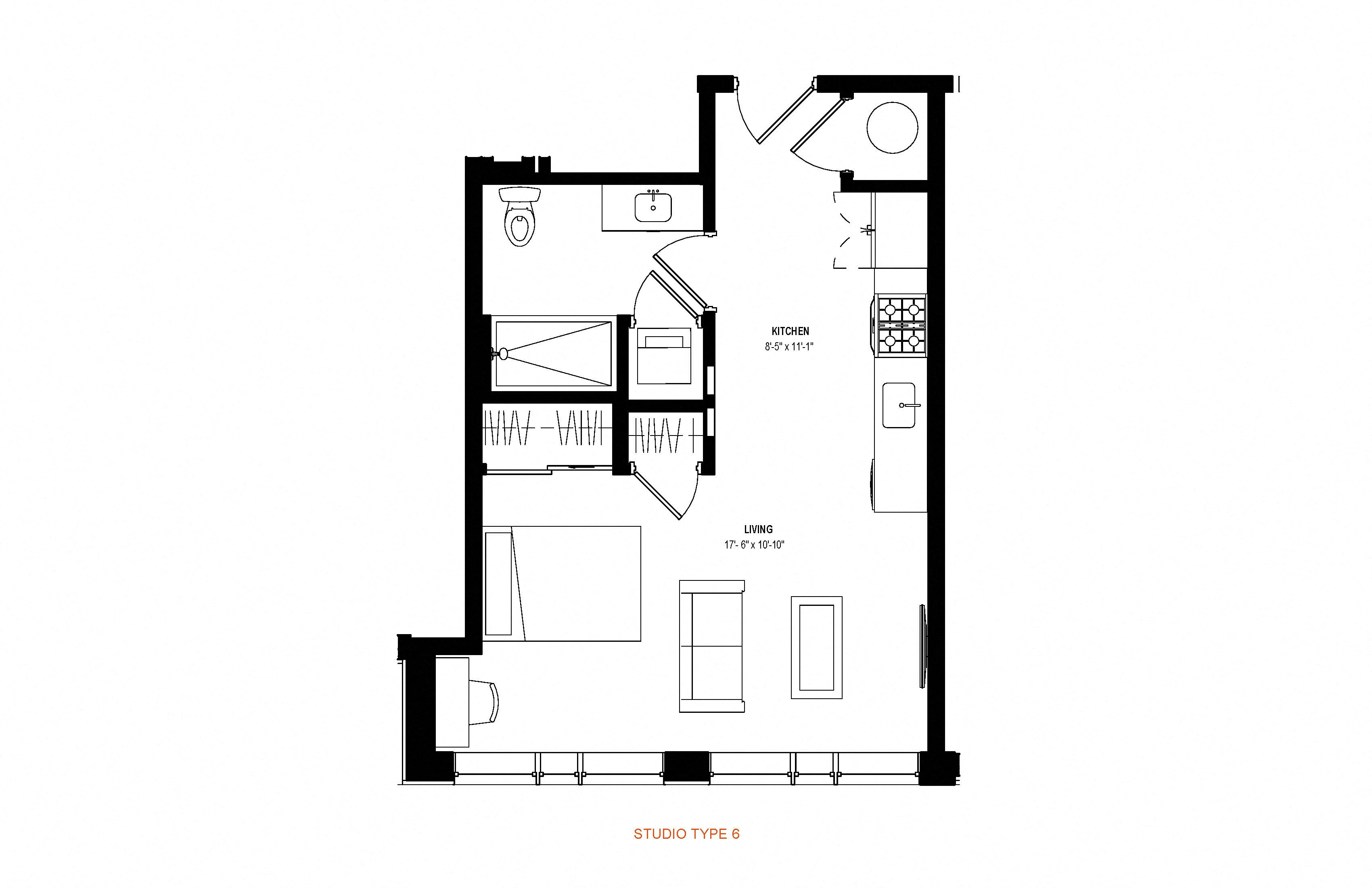 Studio 1 bath floor plan D at Glassworks, Philadelphia