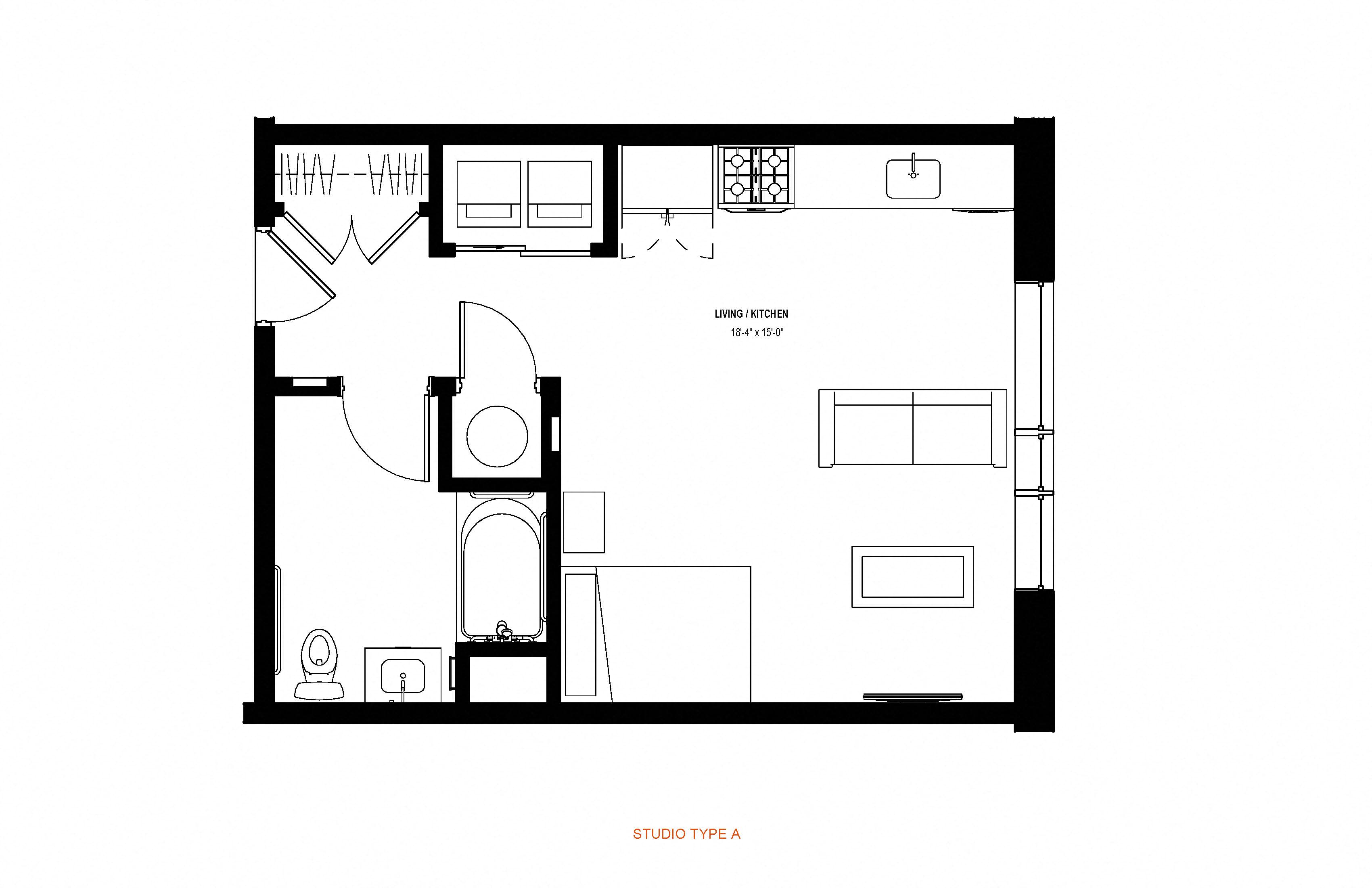 Studio 1 bath floor plan E at Glassworks, Pennsylvania, PA
