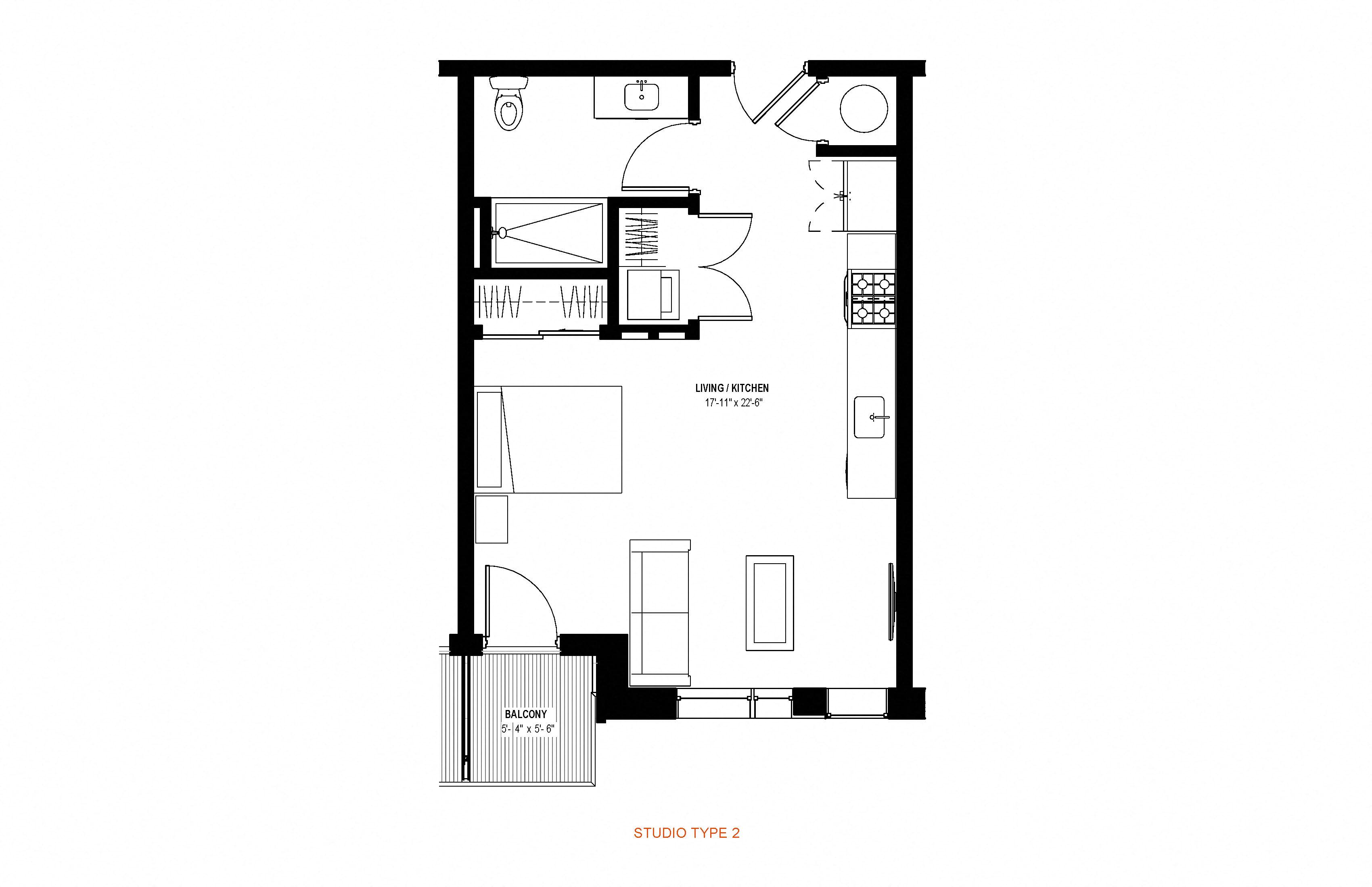 Studio 1 bath floor plan F at Glassworks, Philadelphia, PA, 19122