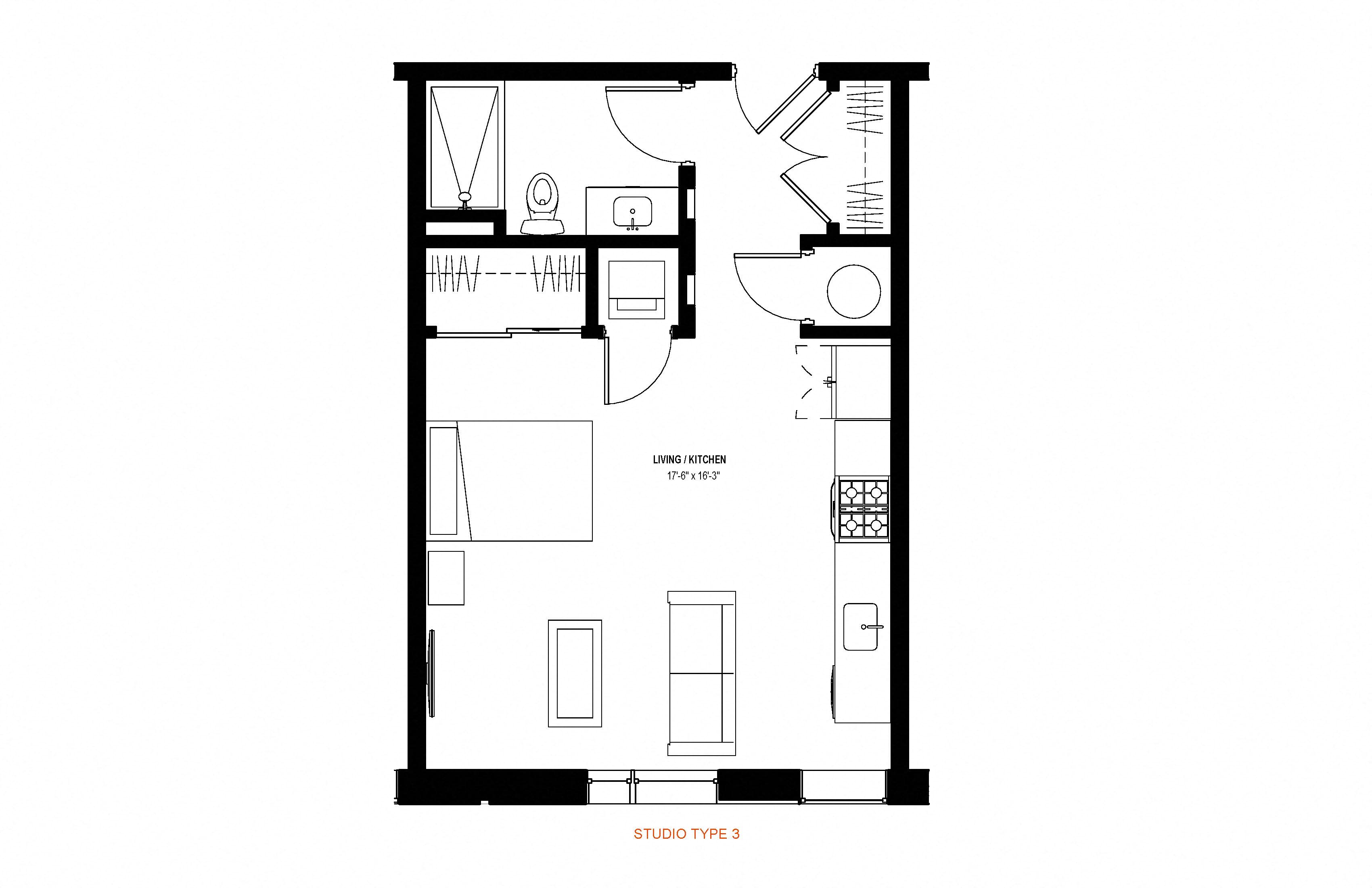 Studio 1 bath floor plan H at Glassworks, Pennsylvania