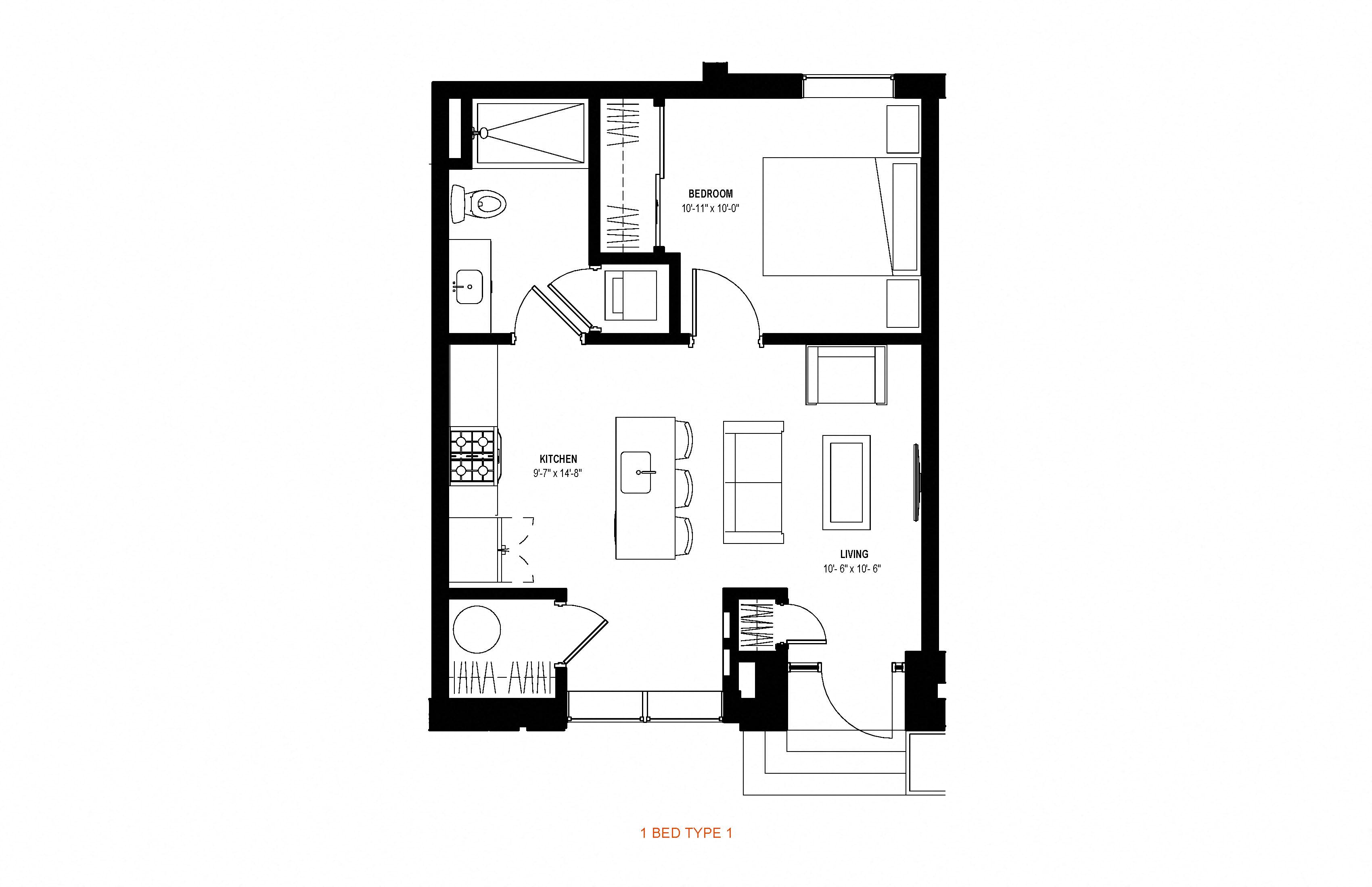 1 bed 1 bath floor plan at Glassworks, Philadelphia, Pennsylvania