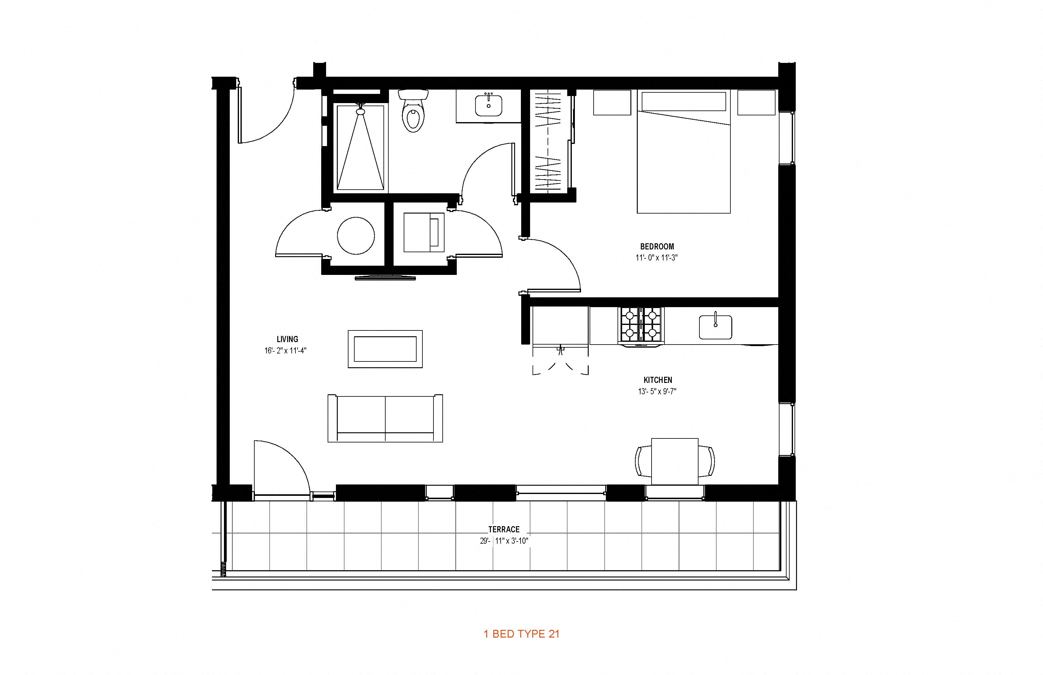 1 bed 1 bath floor plan V at Glassworks, Pennsylvania, 19122
