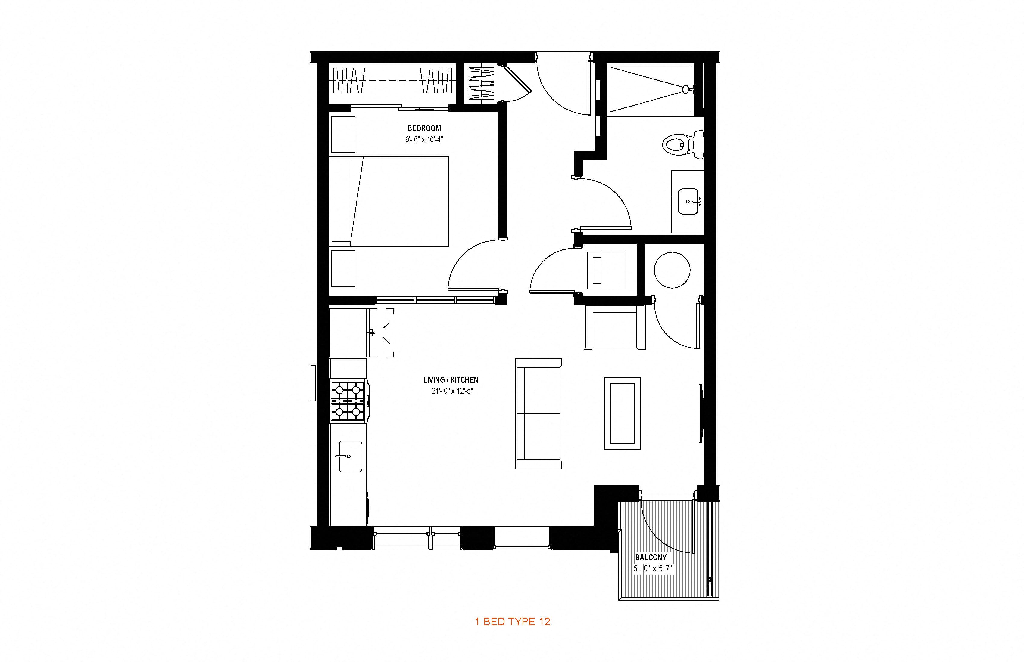 1 bed 1 bath floor plan D at Glassworks, Philadelphia, PA, 19122