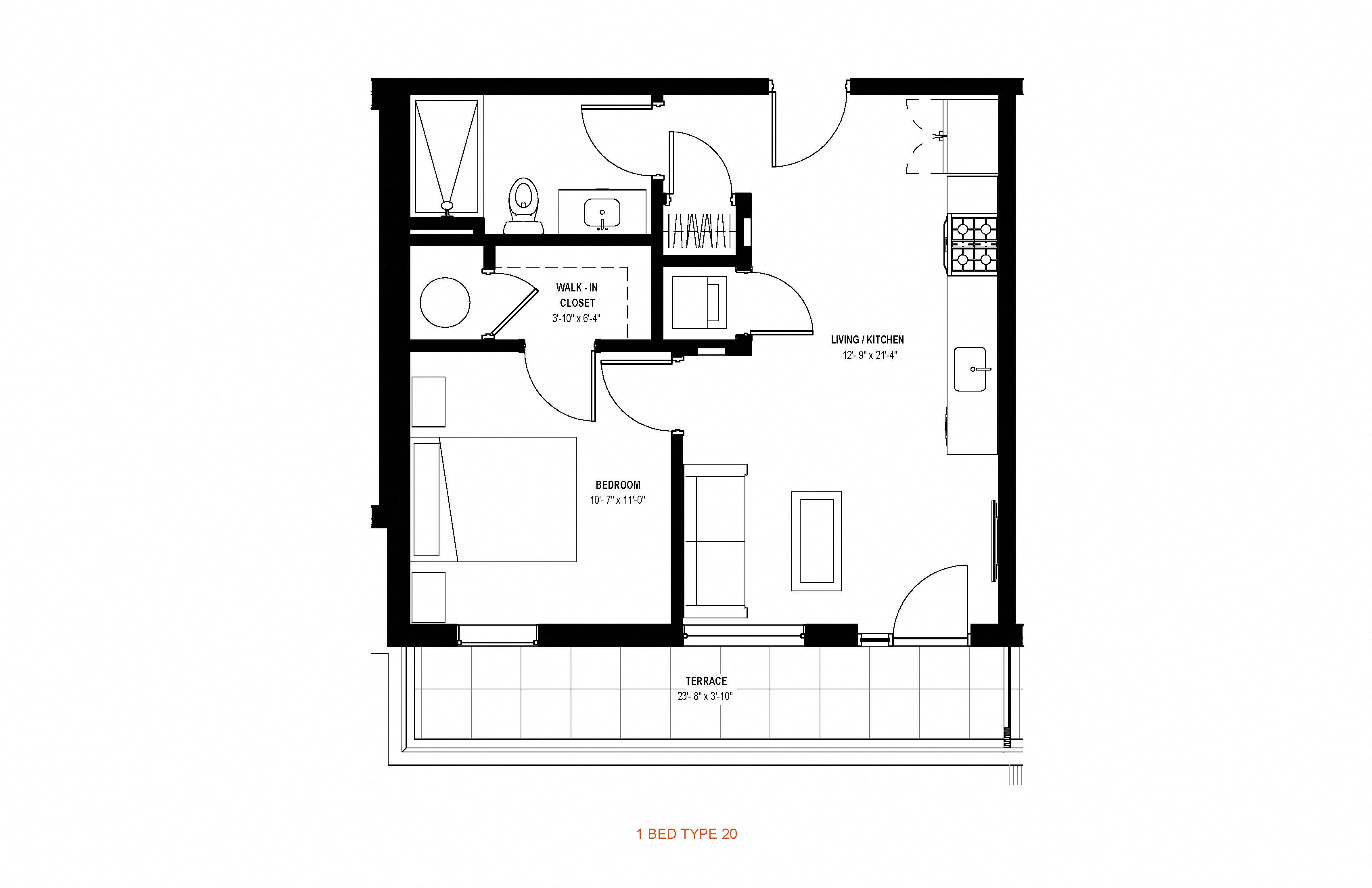 1 bed 1 bath floor plan E at Glassworks, Philadelphia, PA, 19122