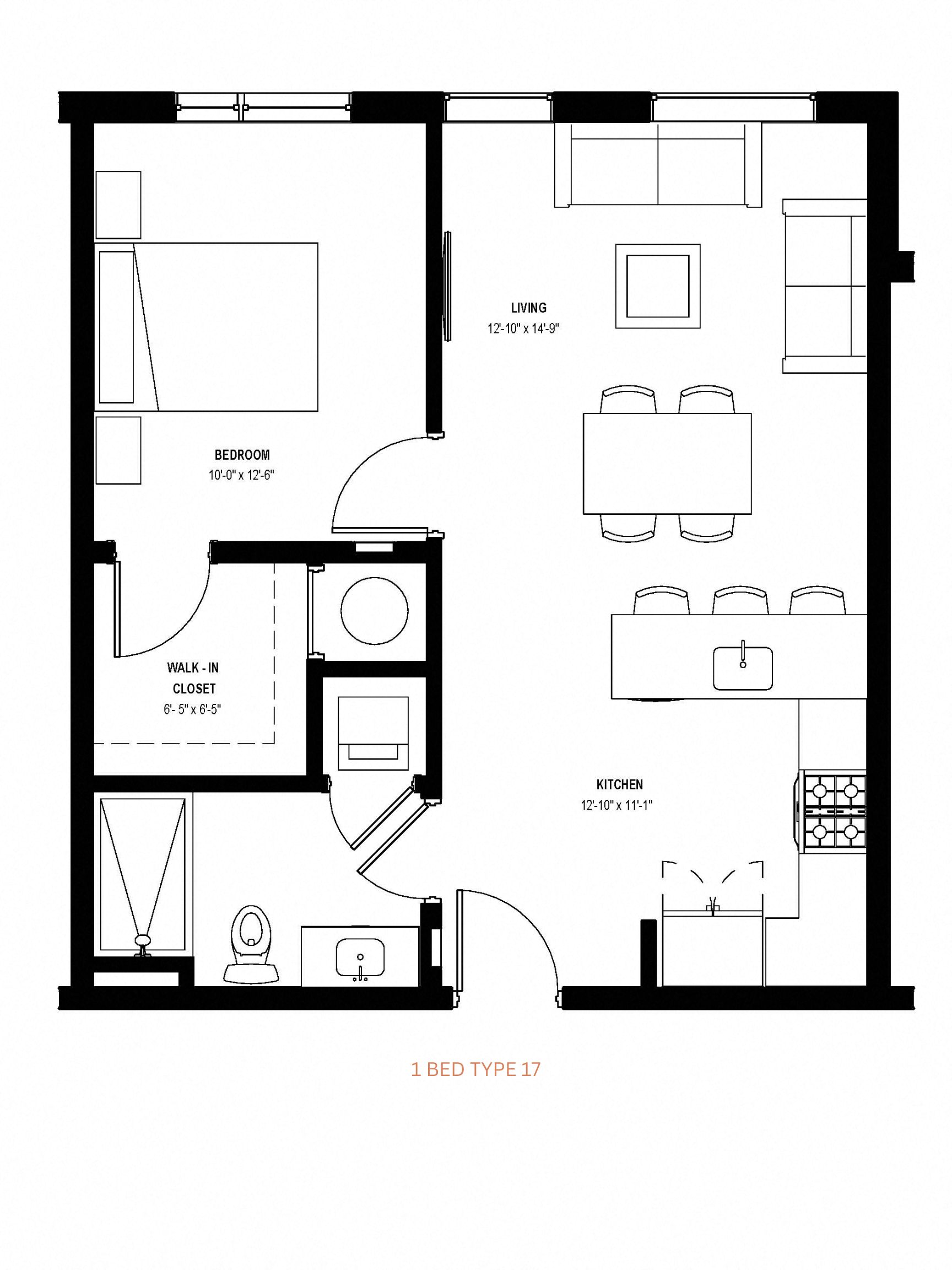 1 bed 1 bath floor plan H at Glassworks, Philadelphia