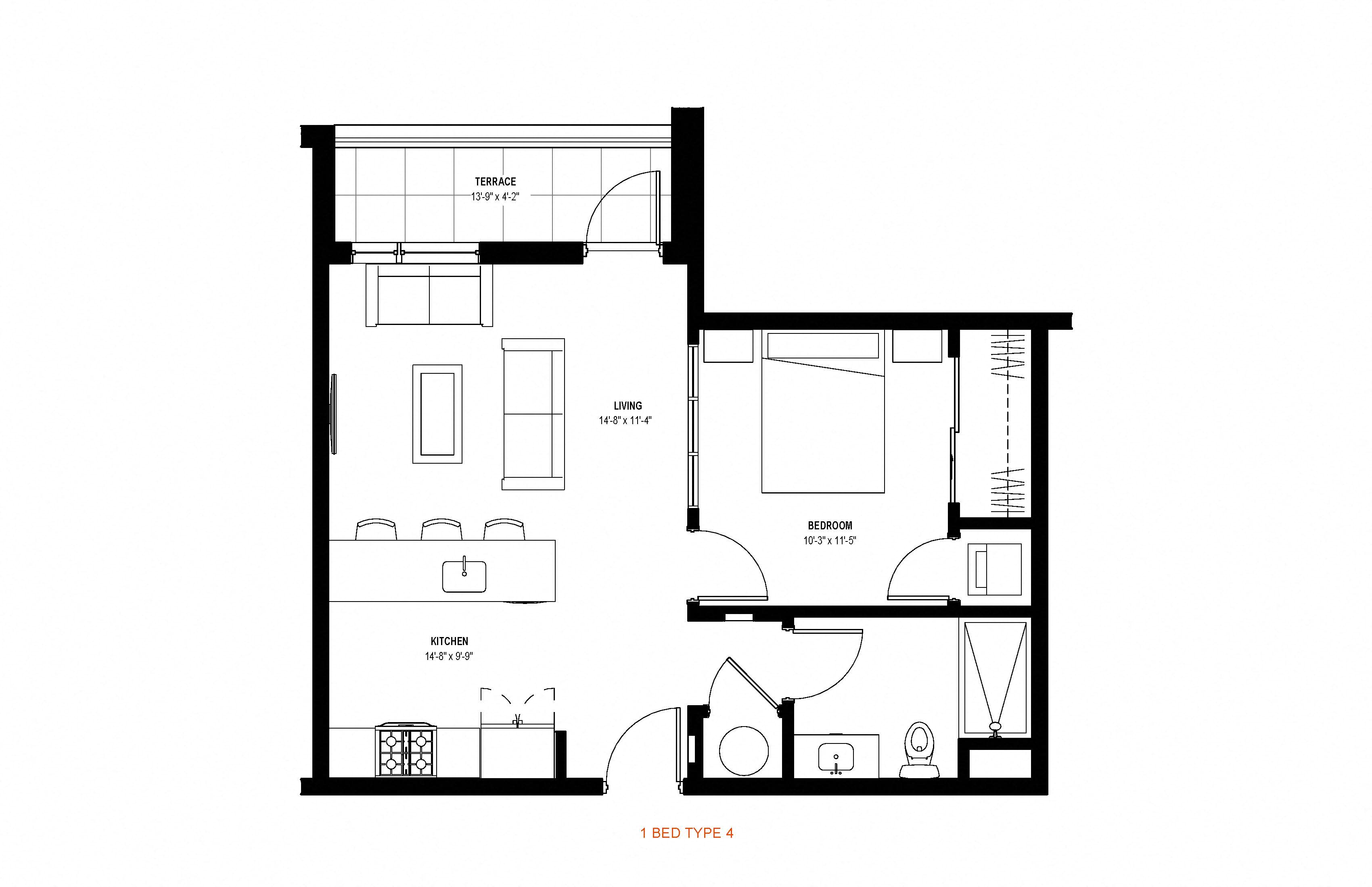 1 bed 1 bath floor plan J at Glassworks, Philadelphia, PA, 19122