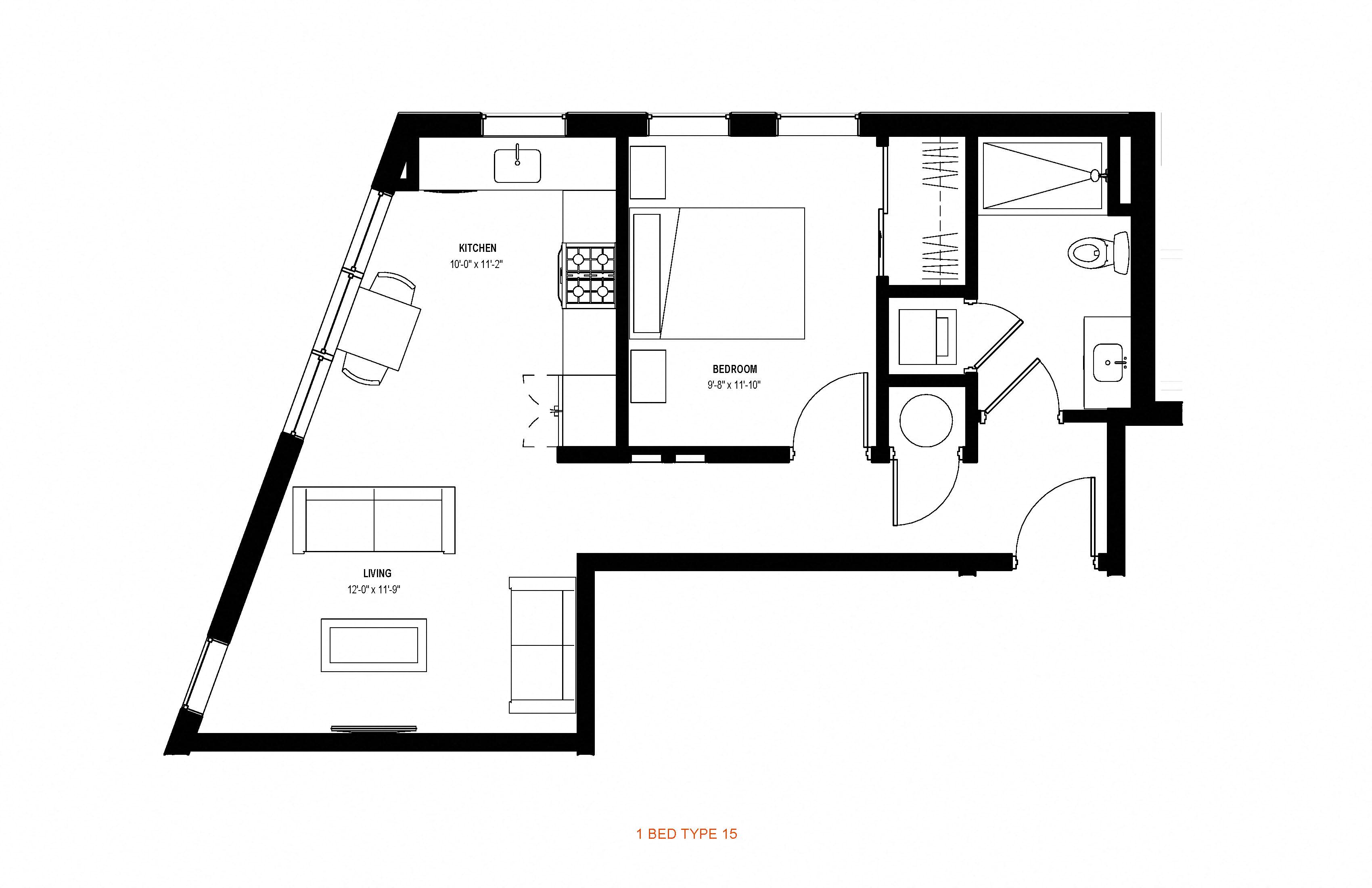 1 bed 1 bath floor plan L at Glassworks, Philadelphia, PA