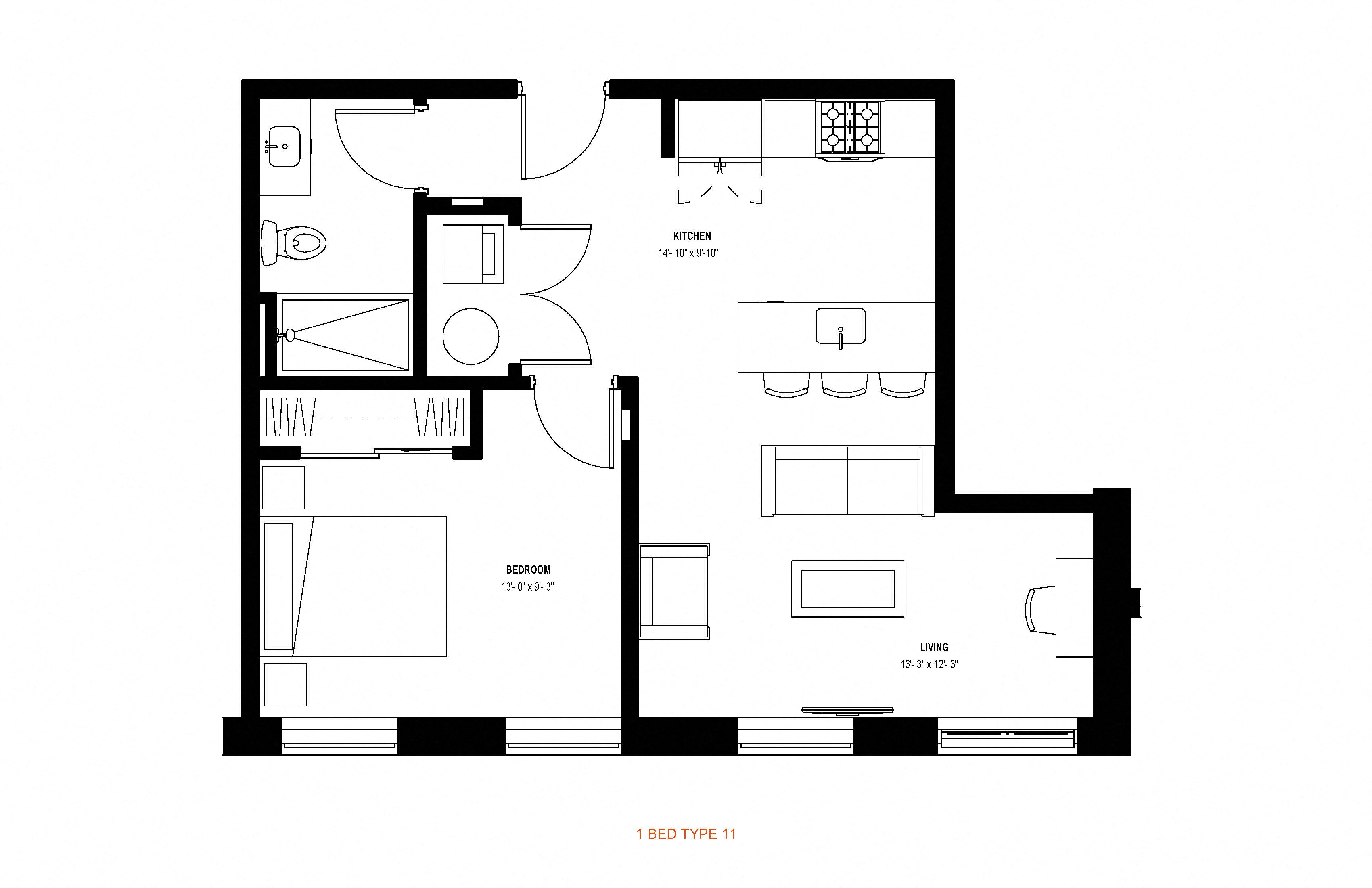 1 bed 1 bath floor plan O at Glassworks, Pennsylvania, PA