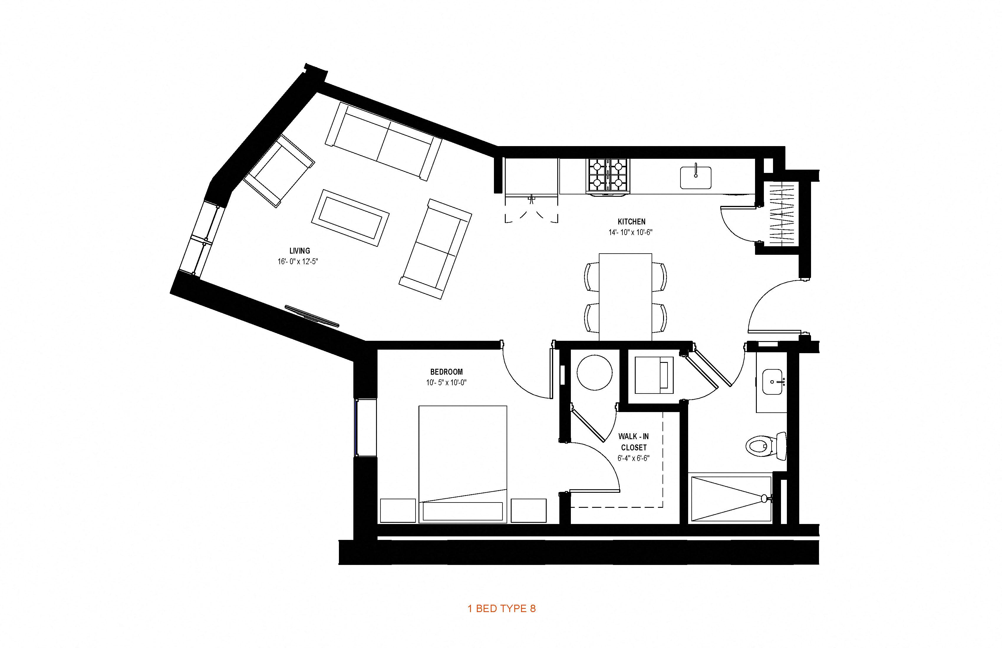 1 bed 1 bath floor plan Qat Glassworks, Philadelphia