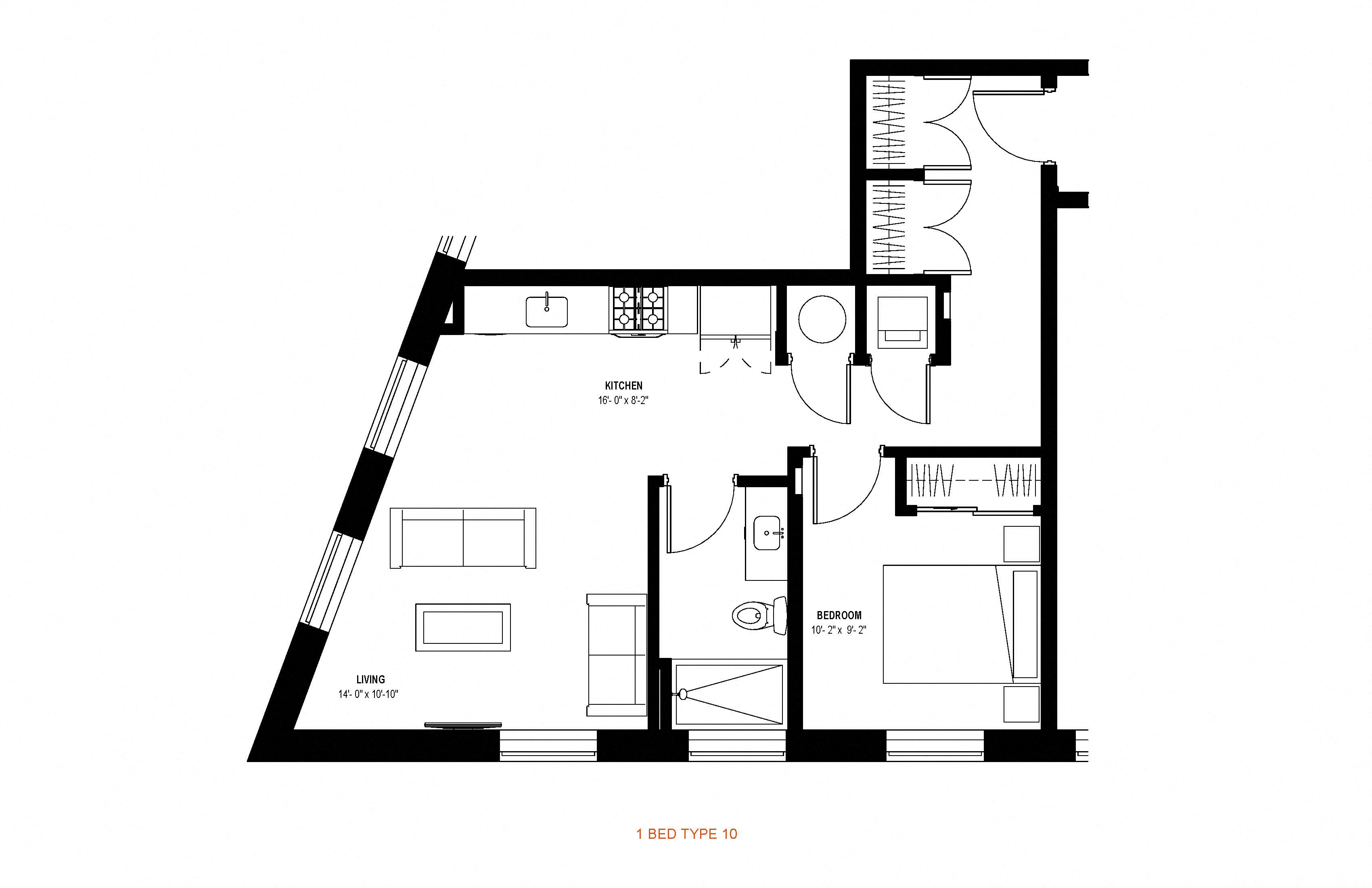 1 bed 1 bath floor plan U at Glassworks, Philadelphia, PA, 19122