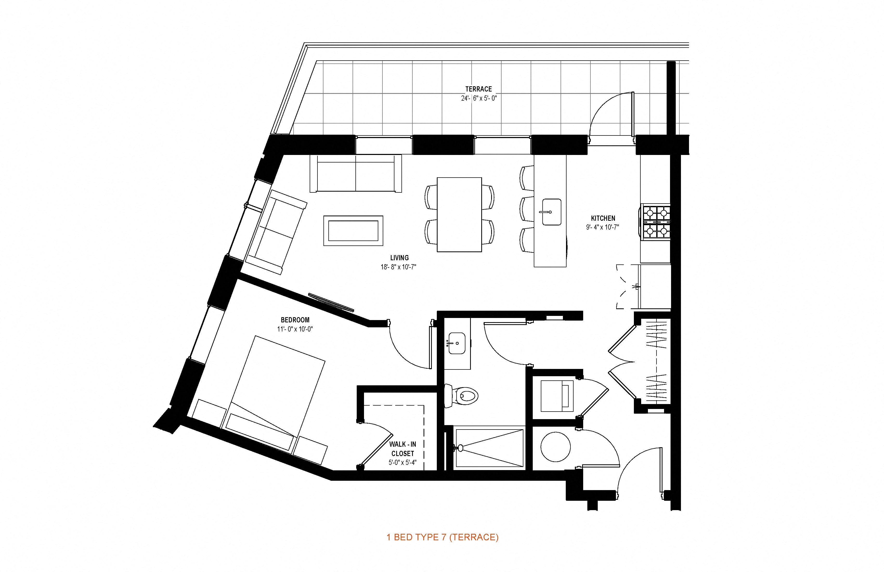 1 bed 1 bath floor plan T at Glassworks, Philadelphia, PA, 19122