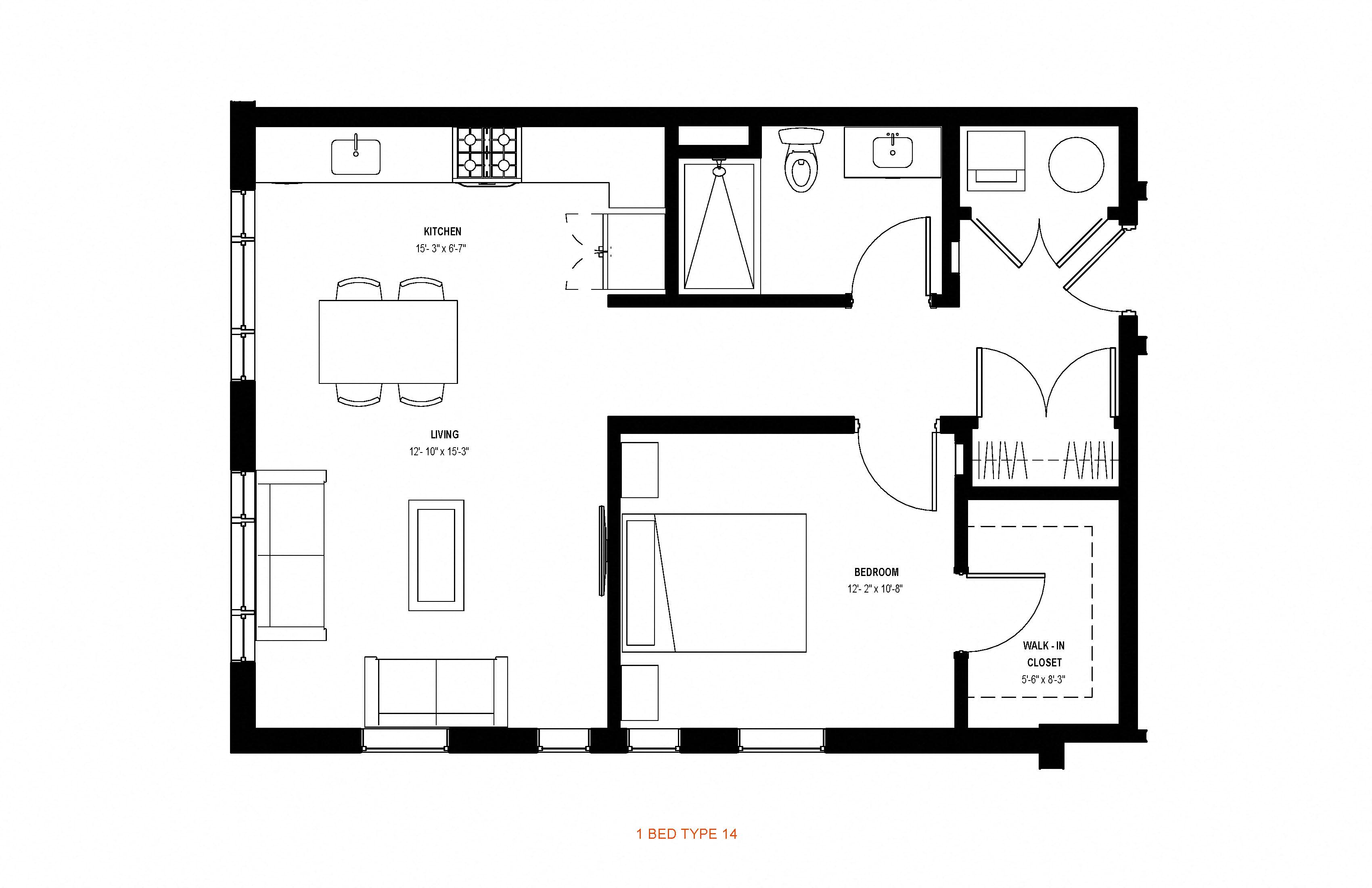 1 bed 1 bath floor plan S at Glassworks, Pennsylvania, PA