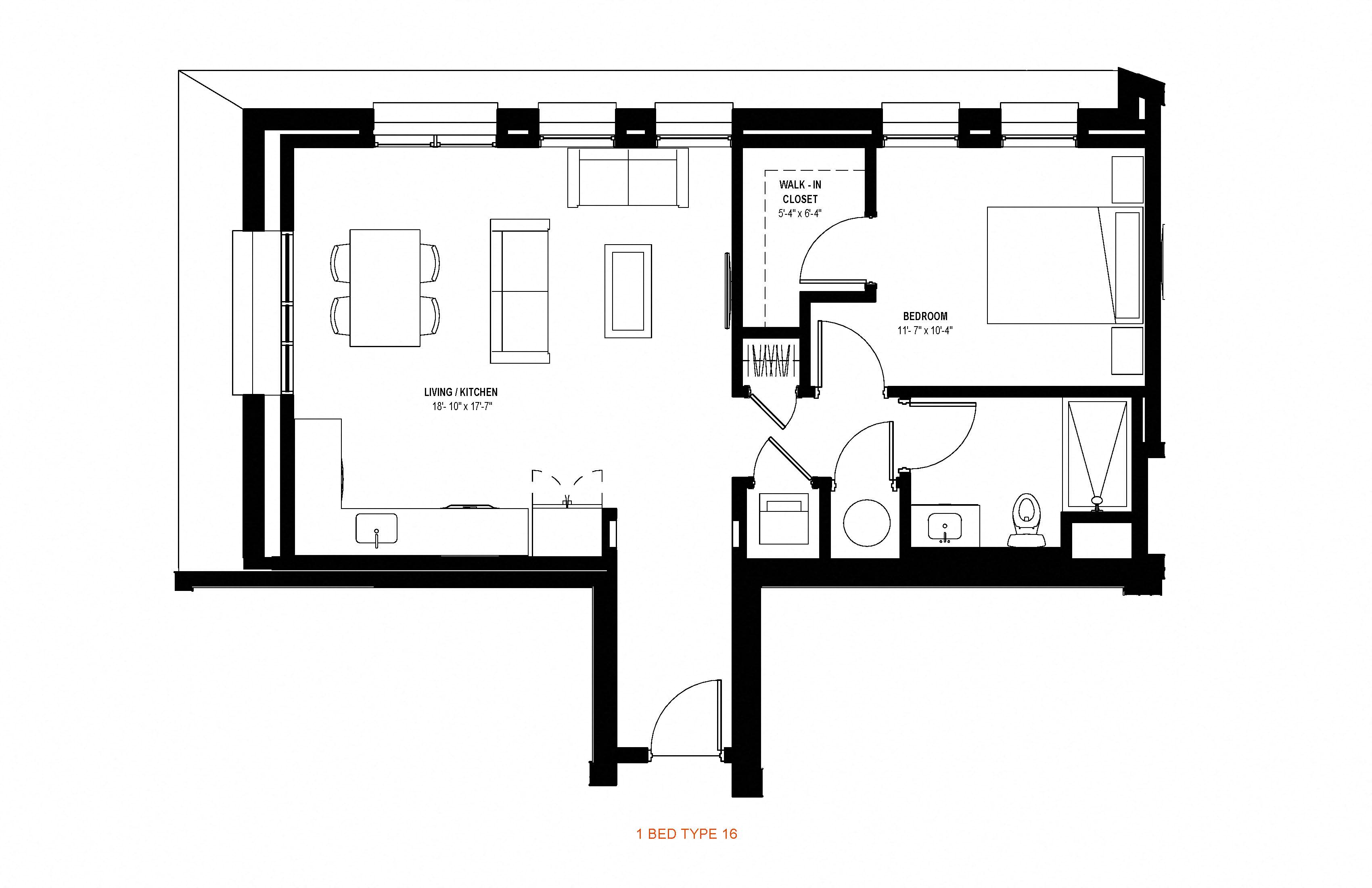 1 bed 1 bath floor plan R at Glassworks, Philadelphia, PA