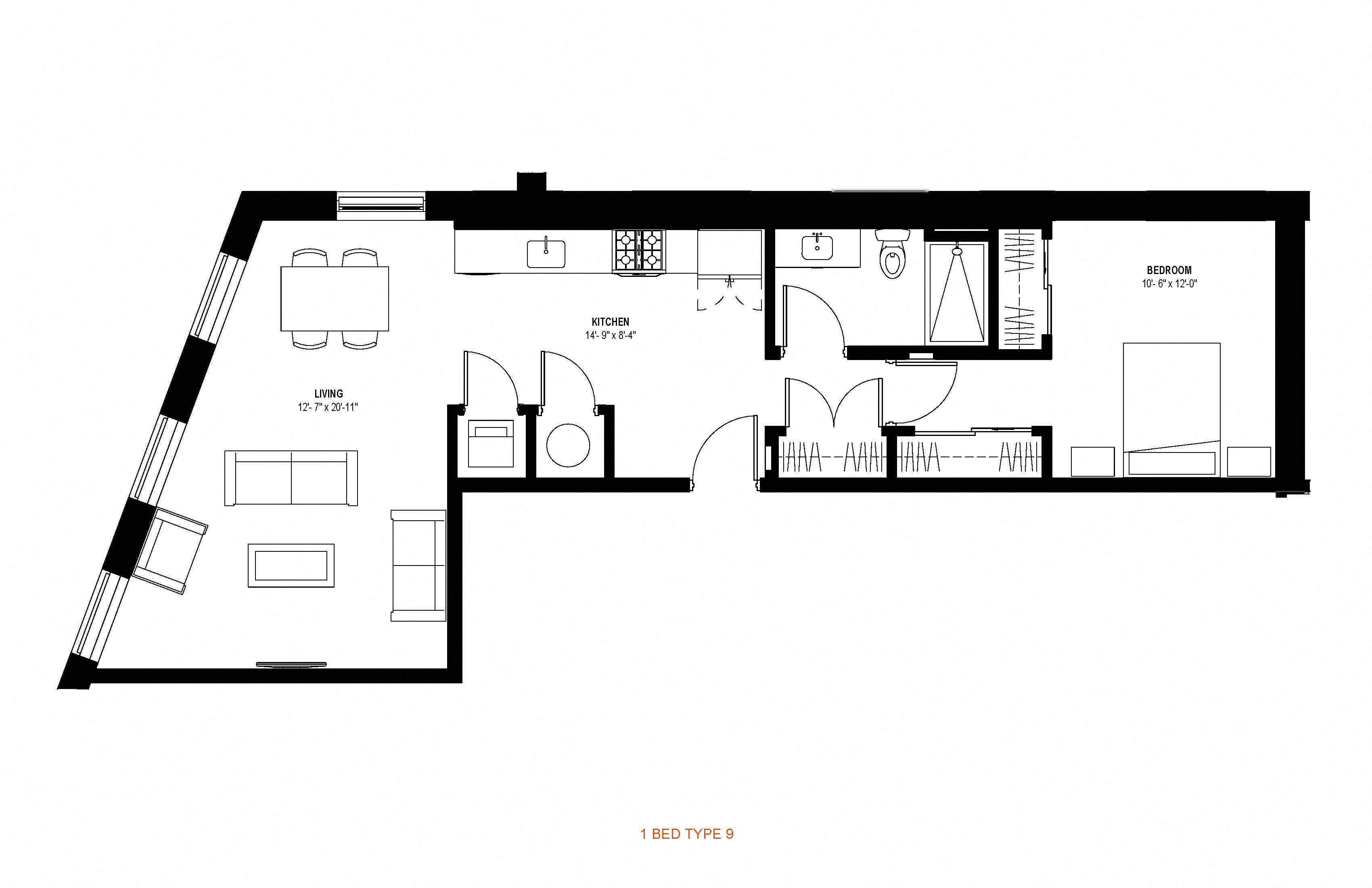 1 bed 1 bath floor plan P at Glassworks, Pennsylvania