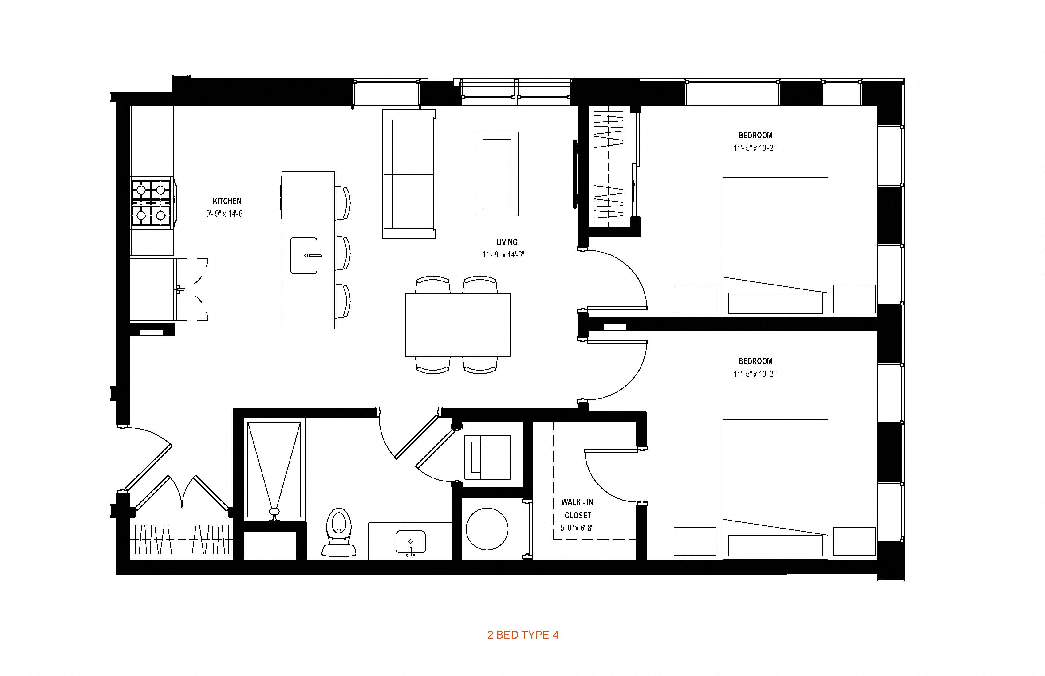 2 bed 1 bath floor plan D at Glassworks, Pennsylvania, 19122