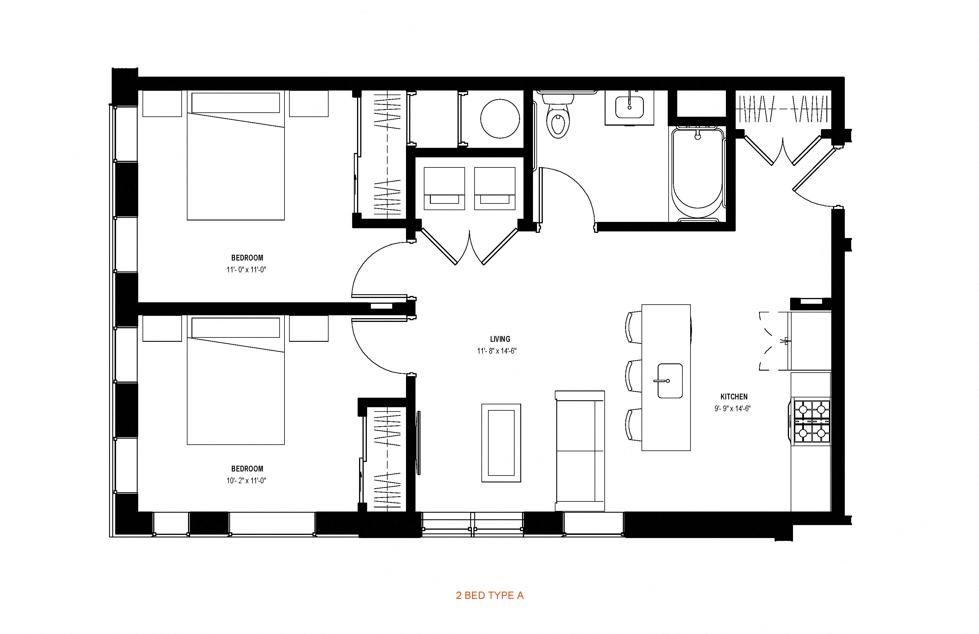 2 bed 1 bath floor plan C at Glassworks, Philadelphia, PA, 19122