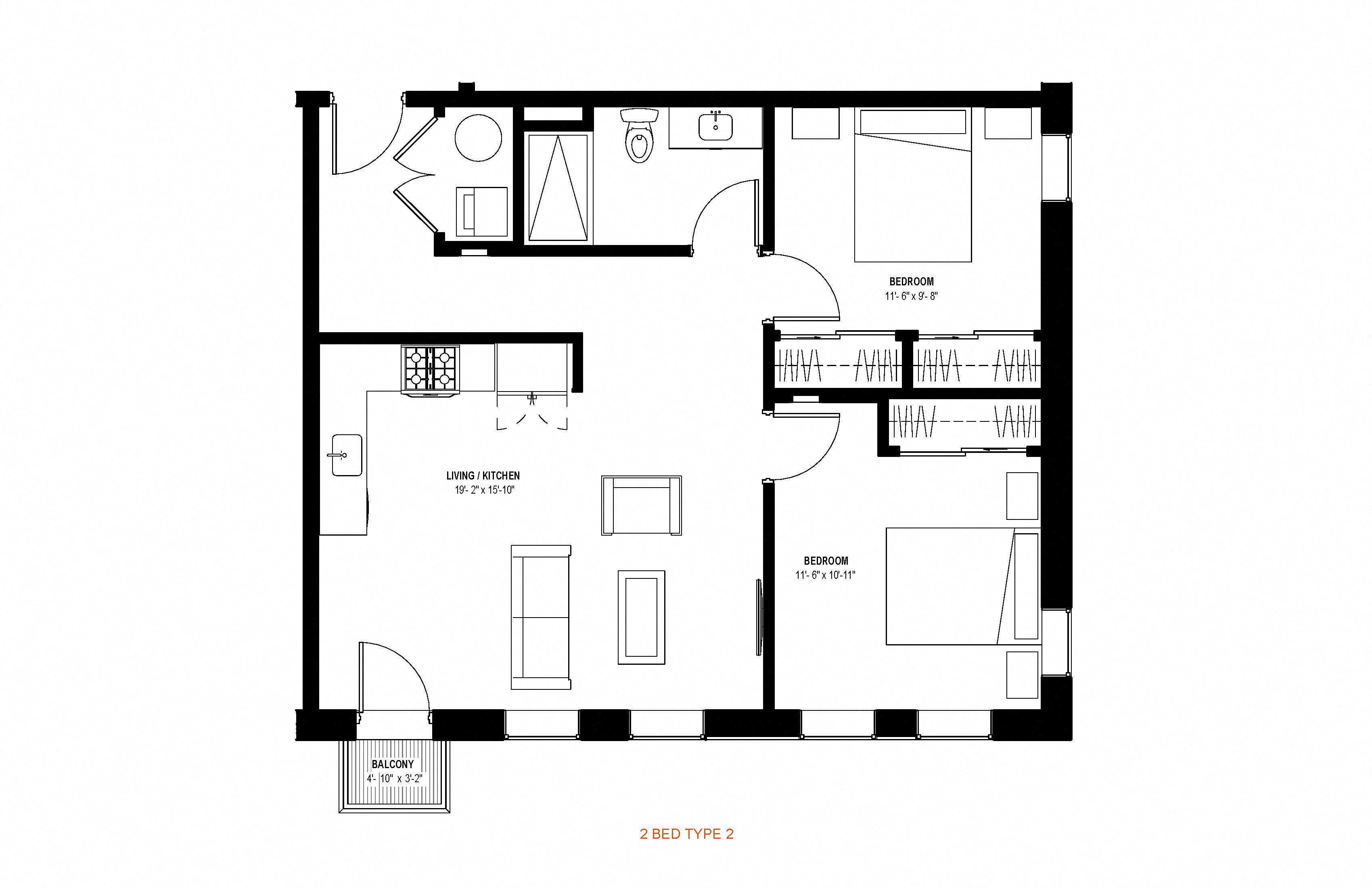 2 bed 1 bath floor plan B at Glassworks, Philadelphia, Pennsylvania