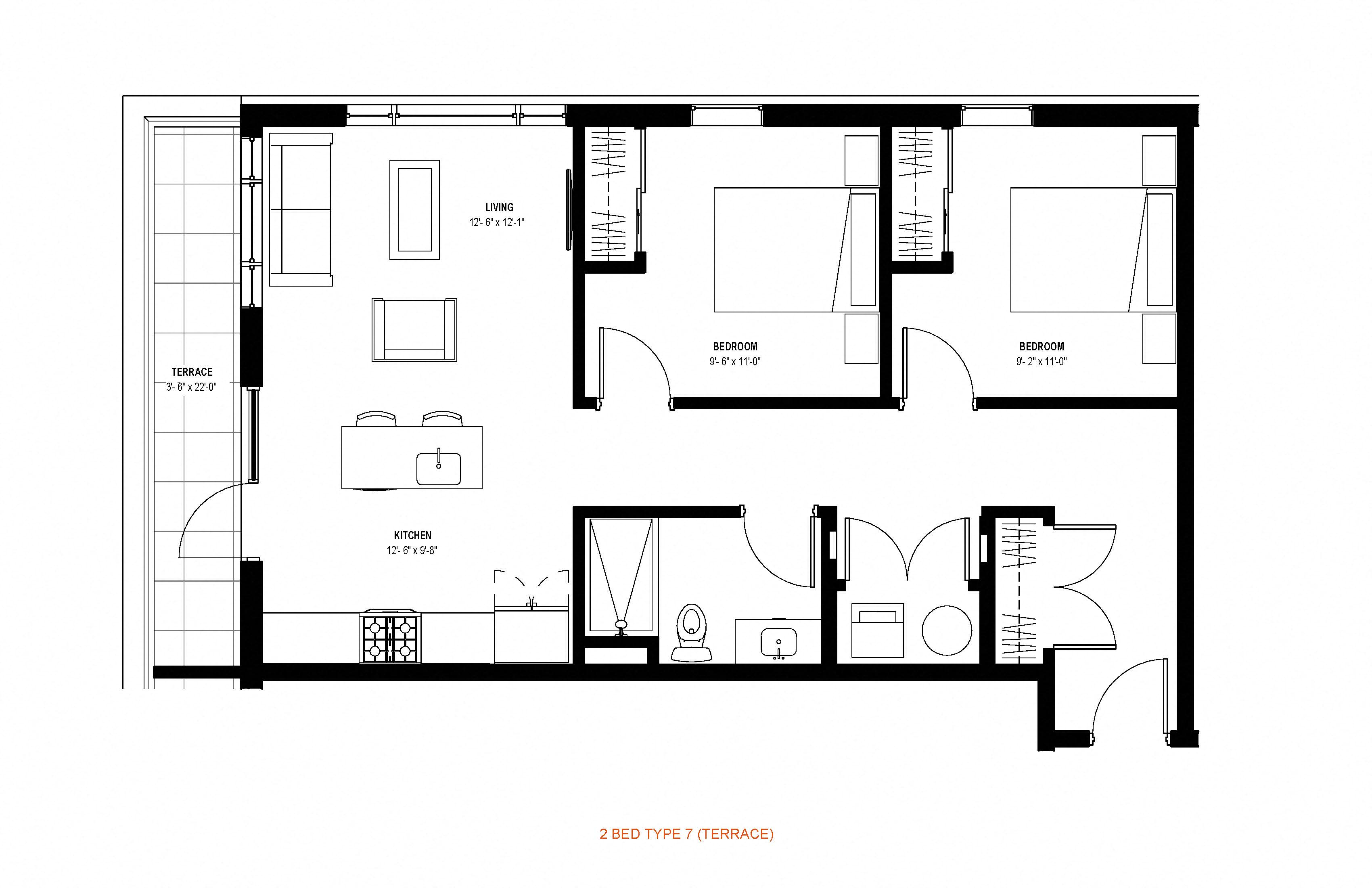 2 bed 1 bath floor plan A at Glassworks, Pennsylvania, PA