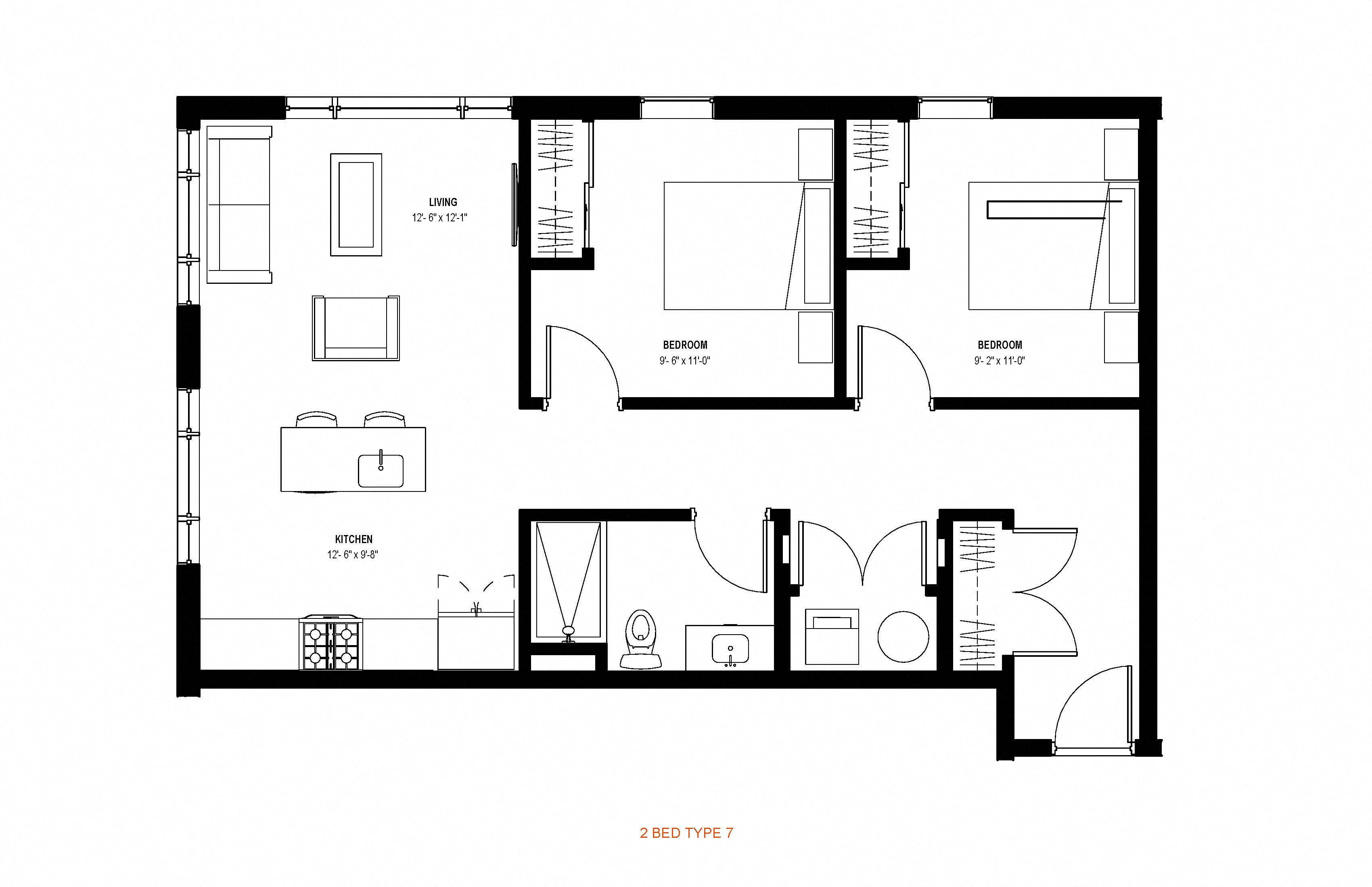 2 bed 1 bath floor plan at Glassworks, Philadelphia