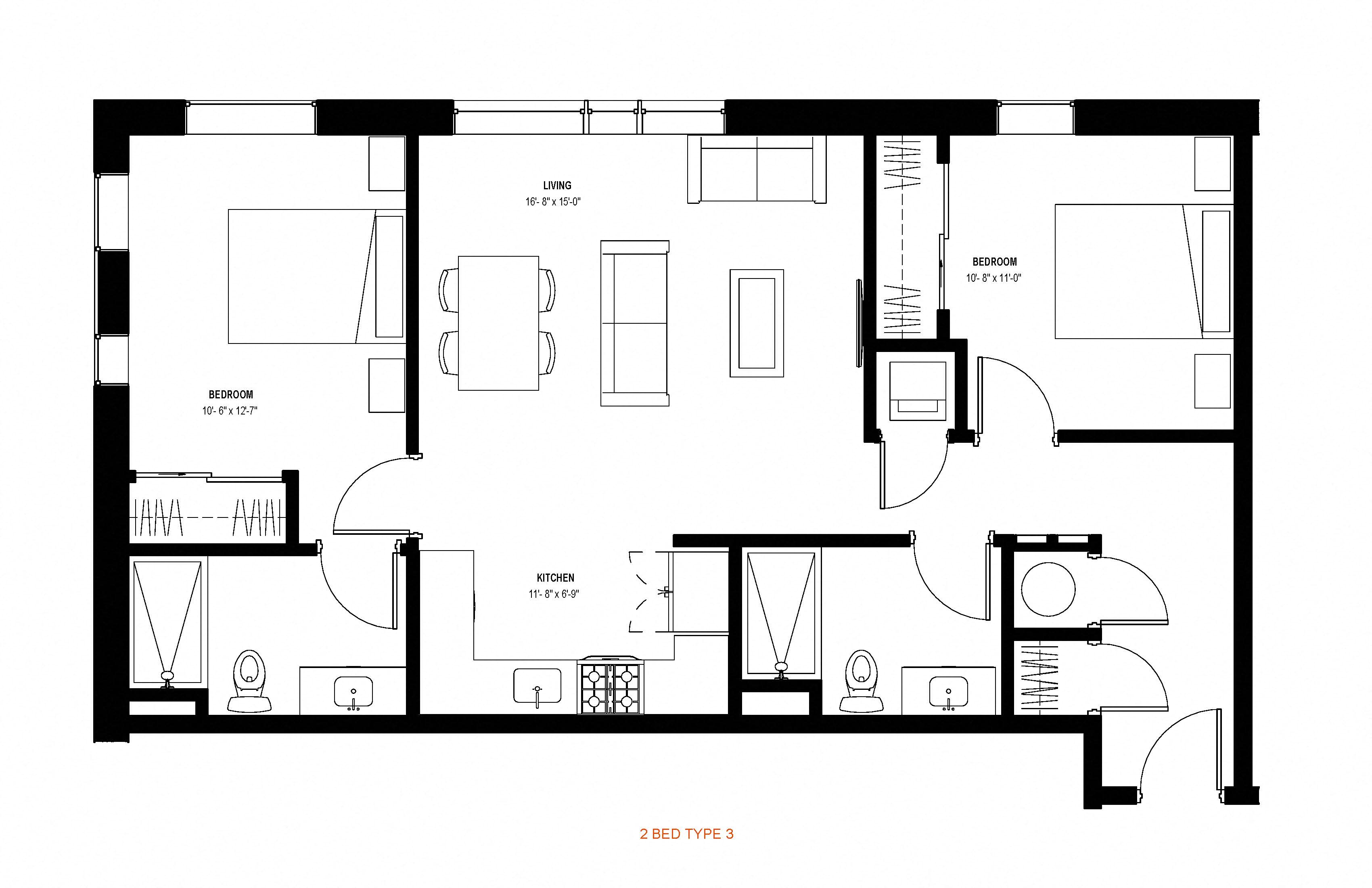 2 bed 2 bath floor plan A at Glassworks, Pennsylvania, 19122