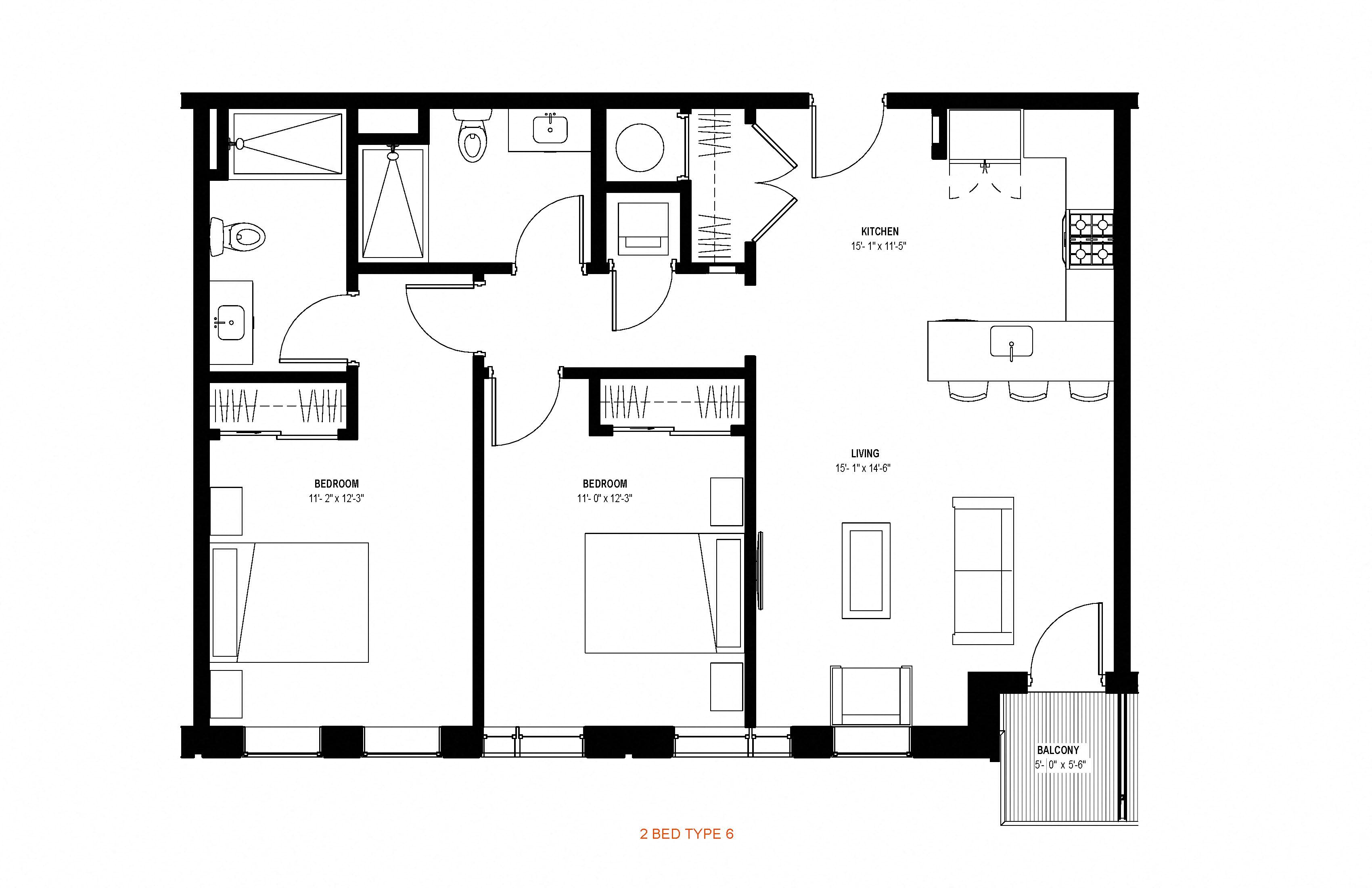 2 bed 2 bath floor plan  at Glassworks, Philadelphia, PA, 19122