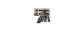 A 3D floor plan of a house with two bedrooms, two bathrooms, a living room, a kitchen, and a dining area.