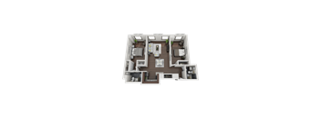 A 3D floor plan of a house with a central living area and bedrooms.