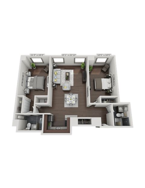 A 3D floor plan of a house with a central living area and bedrooms.