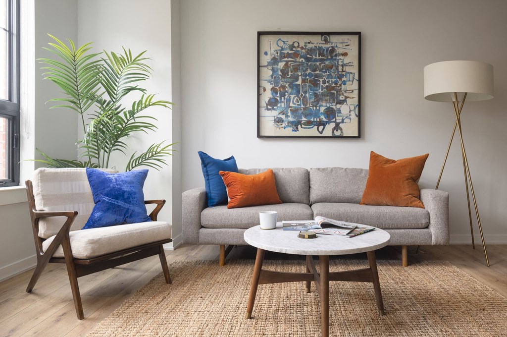 a living room with a couch and a coffee table