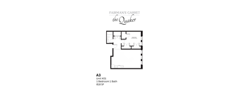 A drawing of a floor plan for a unit at Fairman's Garret the Quaker.