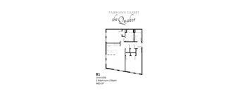 A floor plan for a unit at Fairman's Garret the Quaker shows a 2 bedroom, 2 bathroom unit.