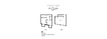 A floor plan for a unit at Fairman's Garret the Quaker shows two bedrooms and one bath on the lower level and a living room on the upper level.