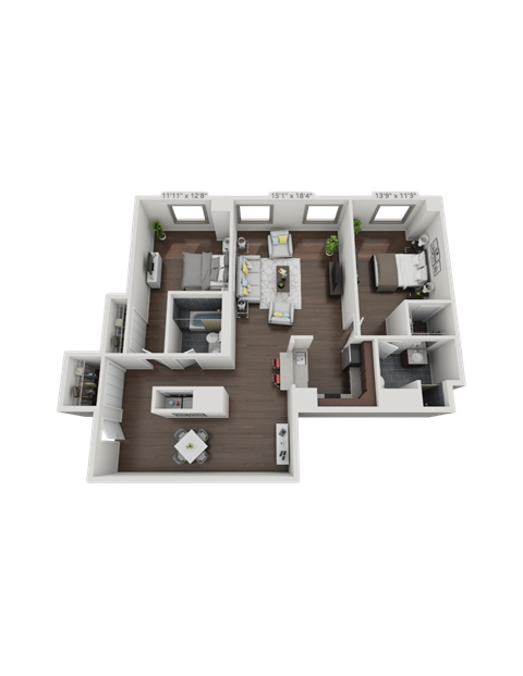 A 3D floor plan of a house with labeled rooms.