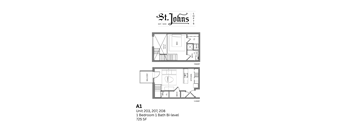 A floor plan for a one bedroom, one bath bi-level apartment at St. Johns Lofts.