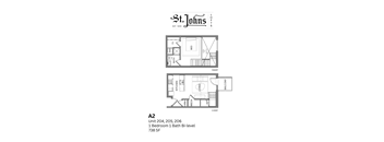 A floor plan for a one bedroom, one bath bi-level apartment at St. Johns Lofts.