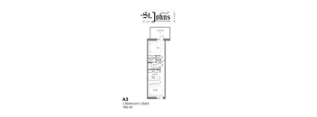 A floor plan for a one bedroom apartment with one bath.